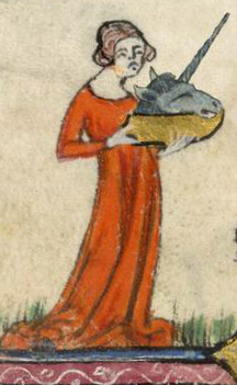 Detail of a lady bringing the unicorn's head to the table in Geoffrey Fule's cookbook, England, mid-14th century (London, British Library, MS Additional 142012, f 137r)
