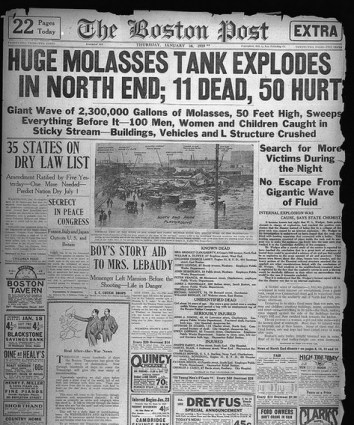 Boston Post, January 16, 1919 Headline - Huge molasses tank explodes in North End, 11 dead, 50 hurt via Boston Public Library