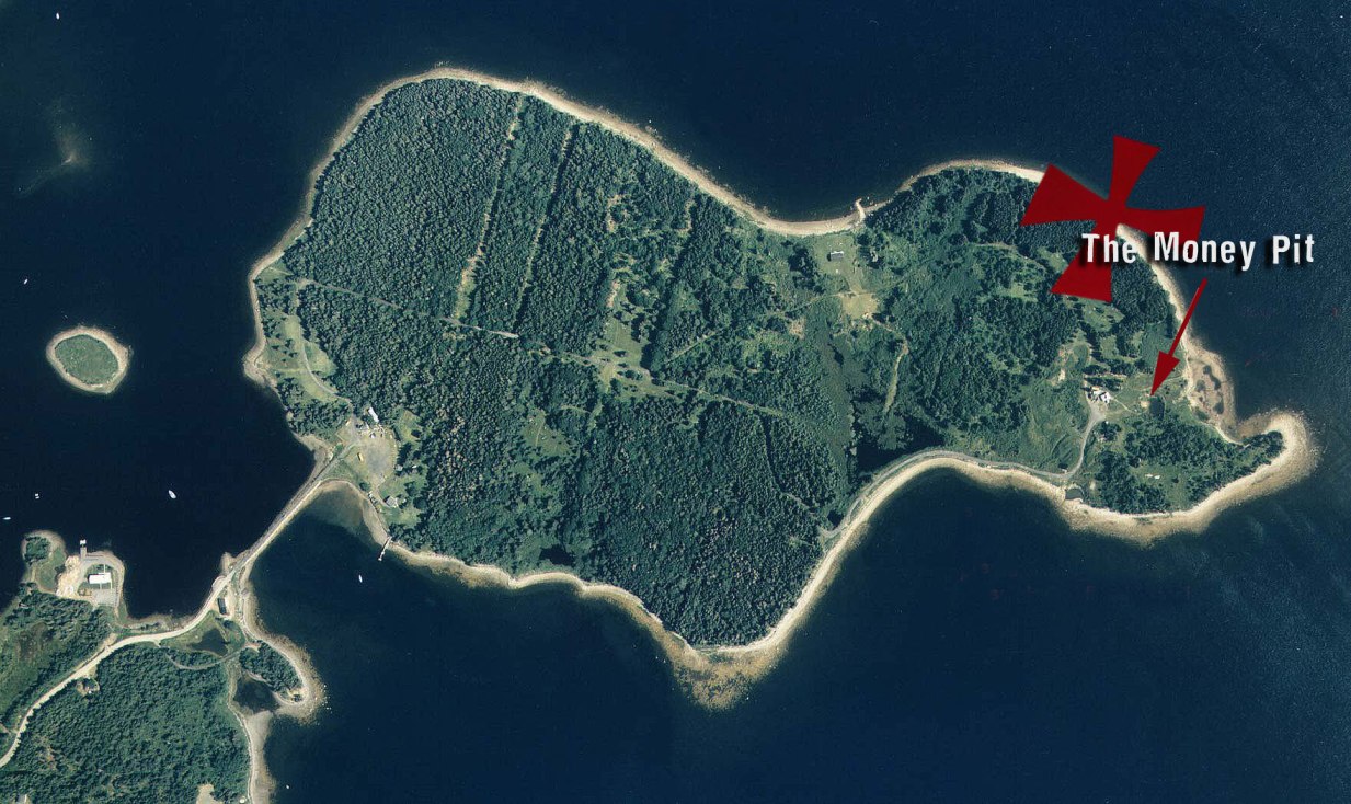 Aerial shot showing the location of the Money Pit on Oak Island, NS via Oak Island Money Pit