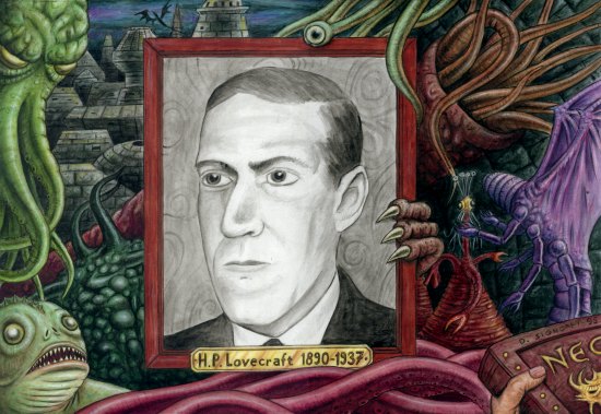Howard Phillips Lovecraft surrounded by creatures of the Cthulhu mythos he invented, created by Dominique Signoret, 2010