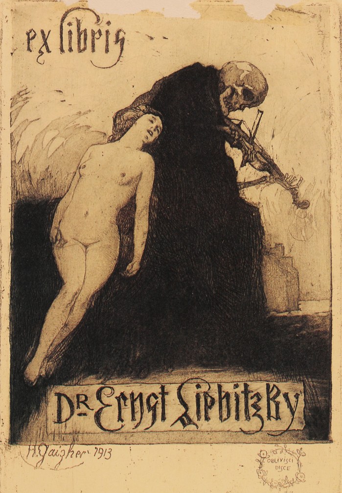 Ex Libris bookplate etching created for Dr. Ernst Liebitzky by Horatio Gaigher, 1913